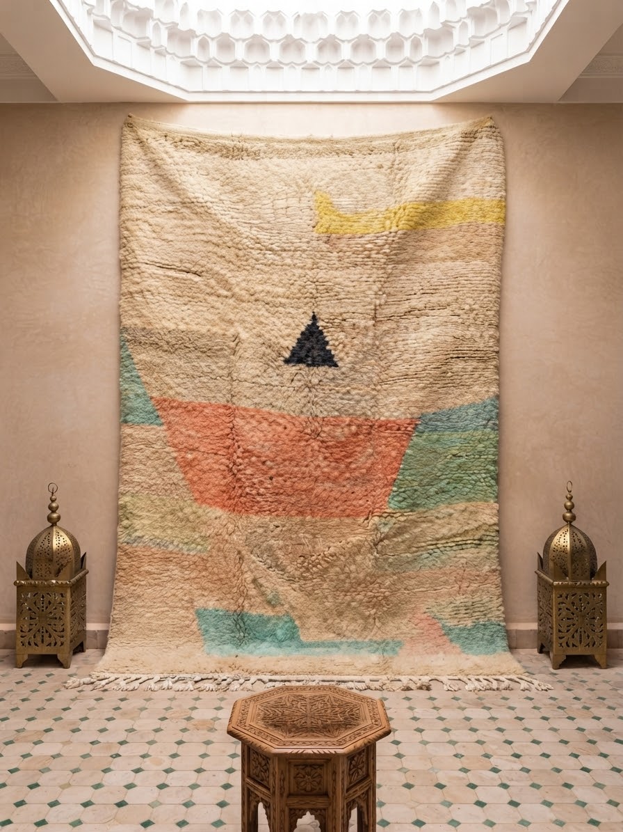 Tapis Beni Ourain marocain dans un salon moderne – motifs géométriques rose, bleu vert et ivoire avec franges