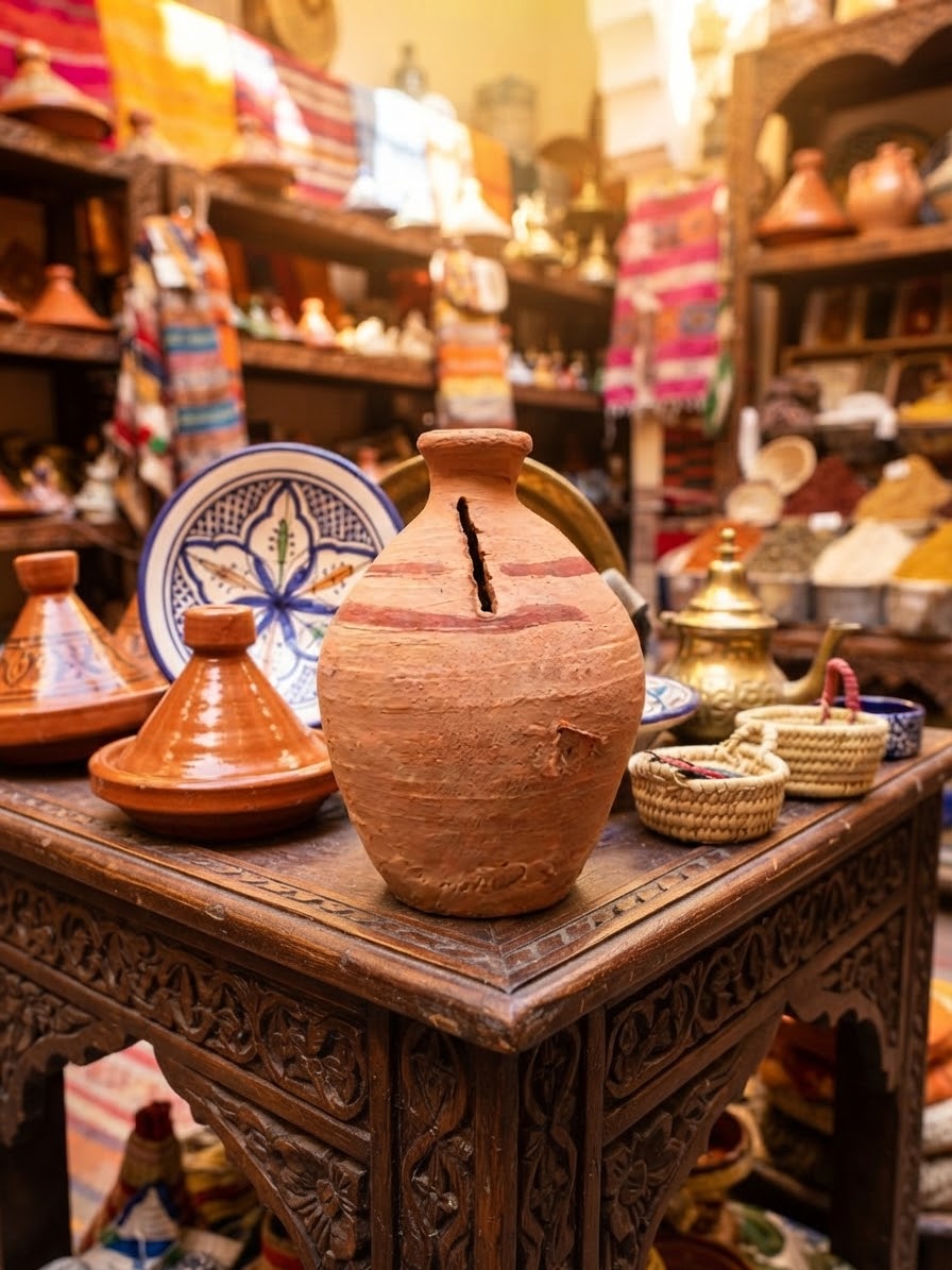 Tirelire artisanale en terre cuite fait main – poterie marocaine dans un souk