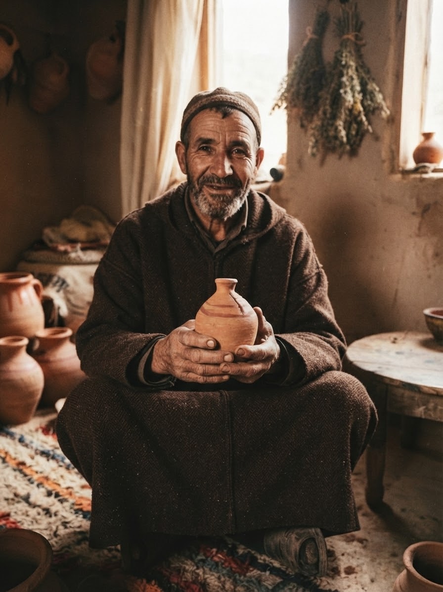 Artisan marocain façonnant une tirelire en terre cuite fait main – savoir-faire traditionnel