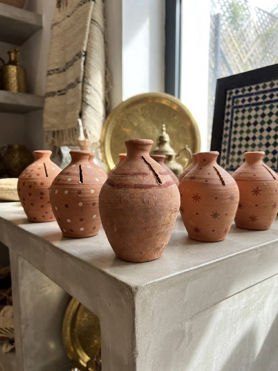 Tirelires artisanales en terre cuite marocaine – motifs points et étoiles peints à la main