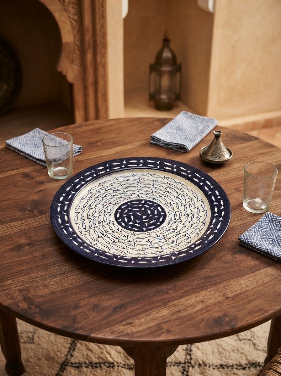Vue de face plat céramique marocaine – motif marin traditionnel – liseré bleu marine décoratif