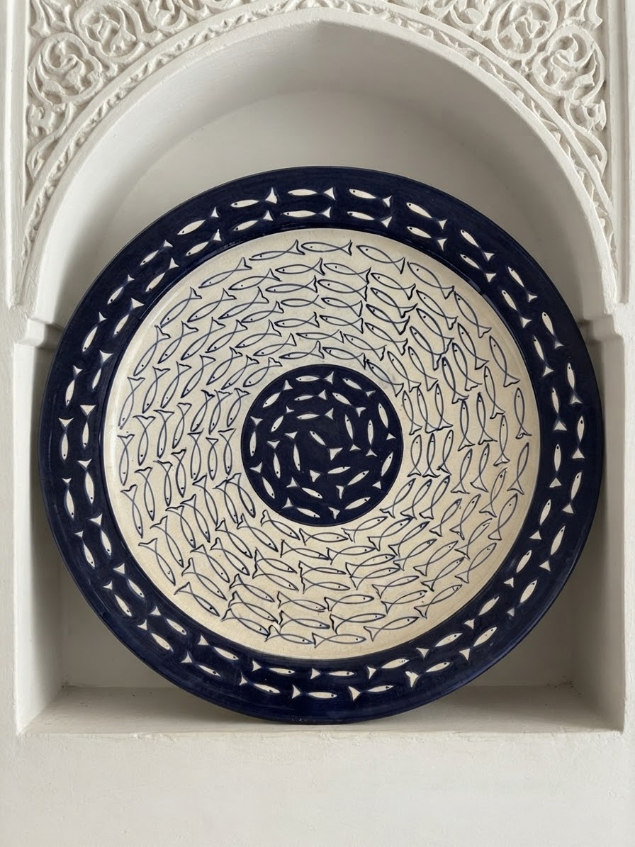 Plat en céramique marocaine – motif poissons en spirale bleu marine & blanc – fait main Safi – 41 cm