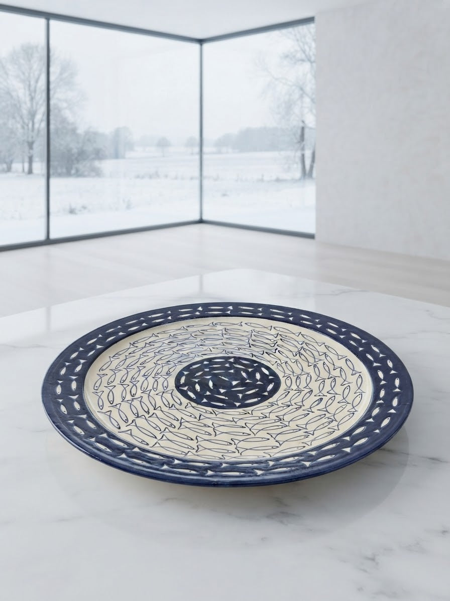Détail banc de poissons peint main – céramique émaillée bleu marine et blanc cassé – artisan Safi