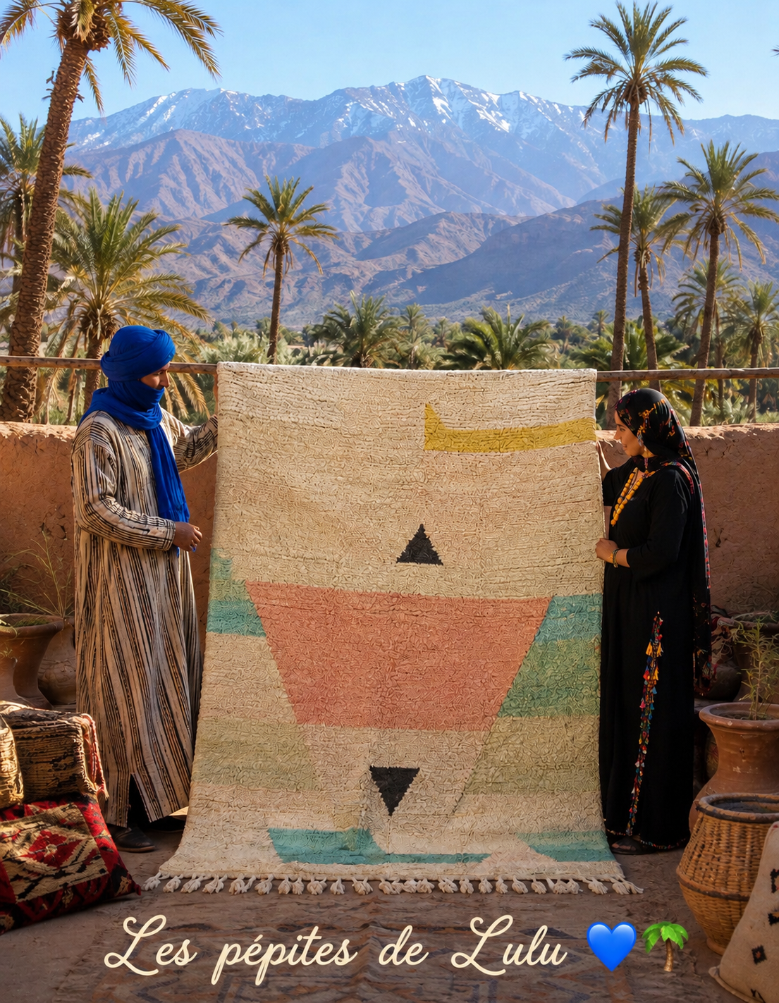 Tapis Beni Ourain marocain fait main – motifs géométriques pastels terracotta, vert sauge et jaune