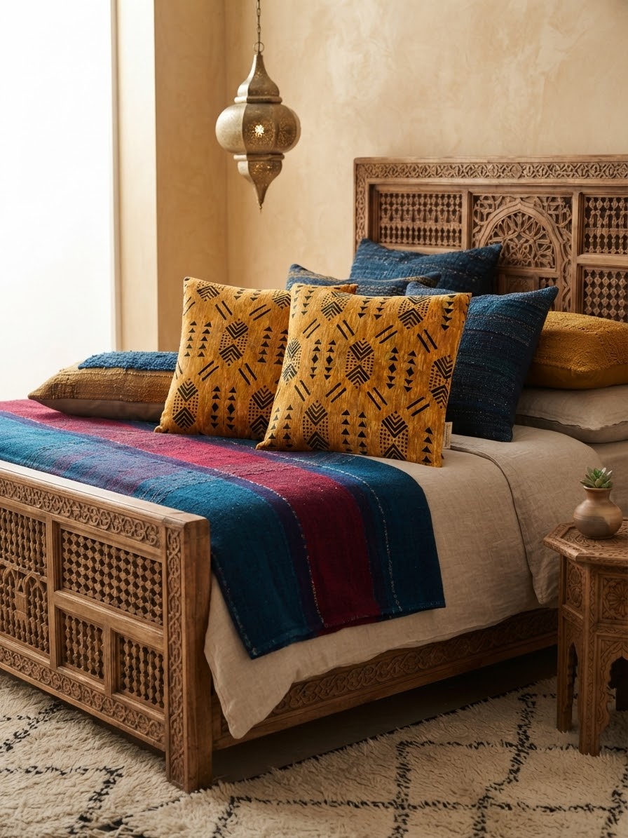 Housses coussins 45x45 cm boho-luxe – motifs géométriques traditionnels ocre et noir – Maroc