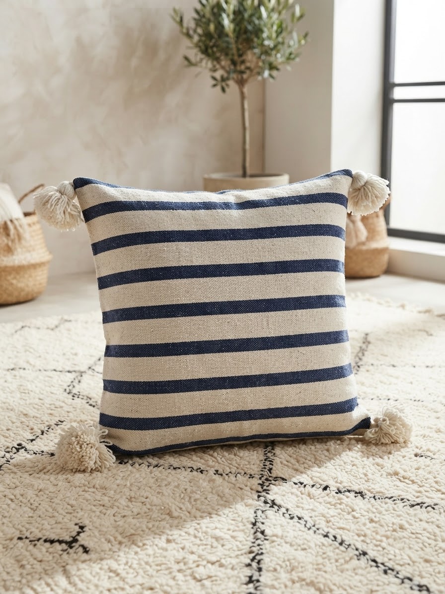 Détail rayures horizontales bleu marine sur fond écru – housse coussin artisanat marocain