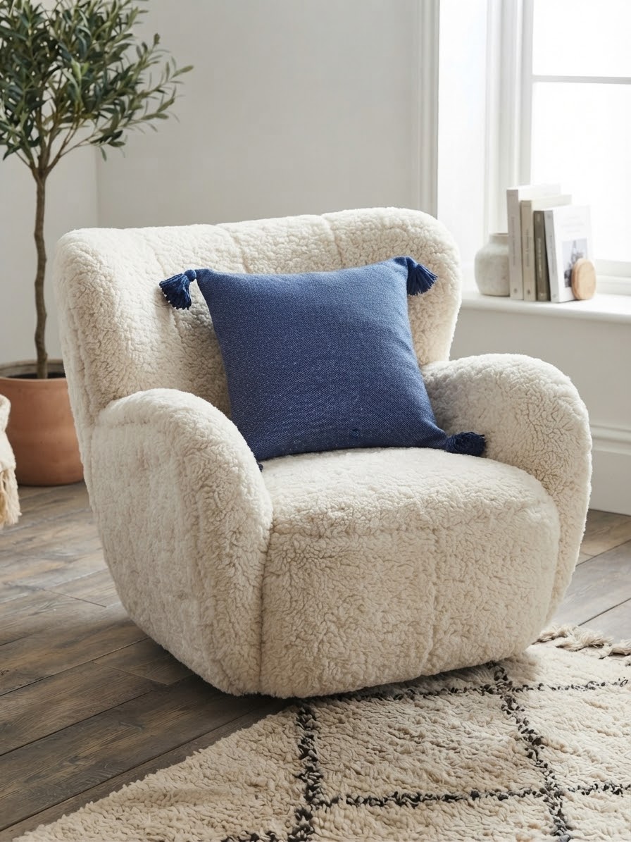 Détail pompons bleu indigo cousus main – housse coussin marocaine – texture coton naturel