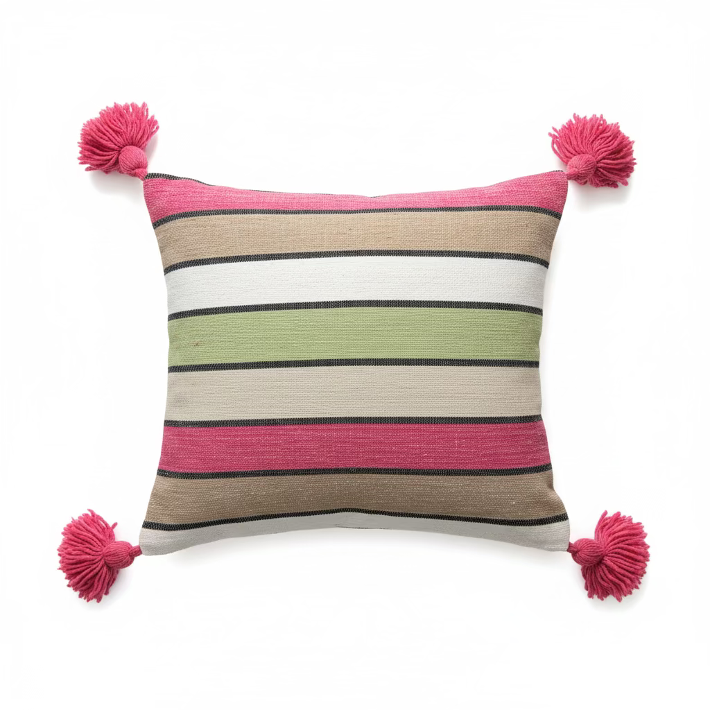 Housse de coussin marocaine rayures rose, vert et taupe, 4 pompons roses aux coins – fond blanc