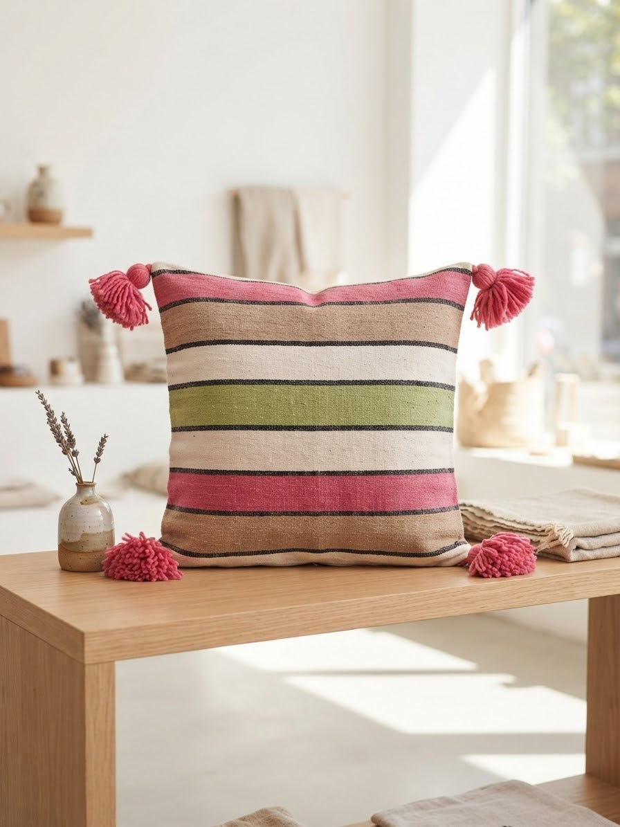 Coussin artisanal marocain à rayures multicolores et pompons roses sur table en bois naturel