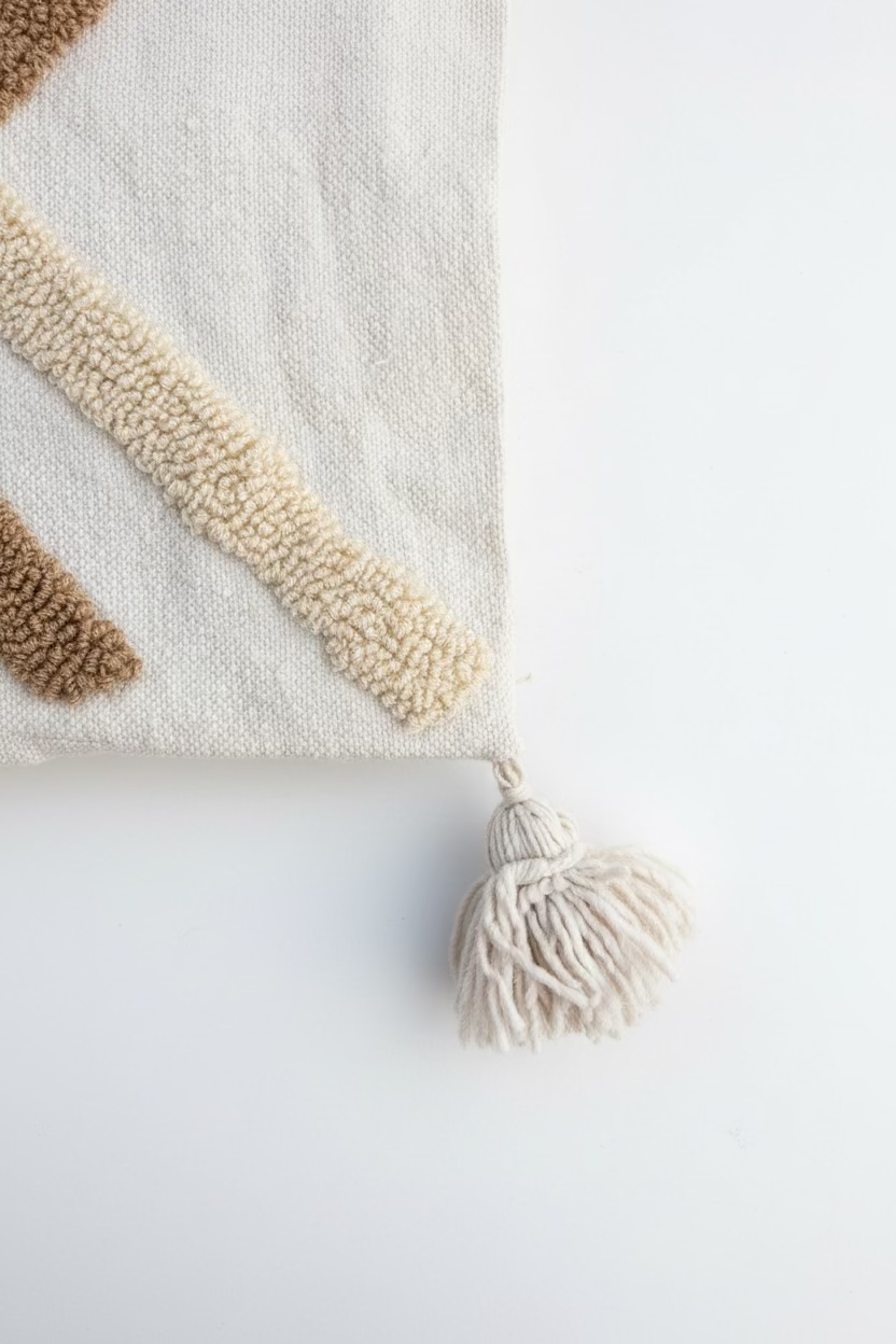 Gros plan sur le coin de la housse de coussin XL berbère — pompon en coton blanc et motifs touffetés bicolores beige et camel, finition artisanale marocaine fait main"