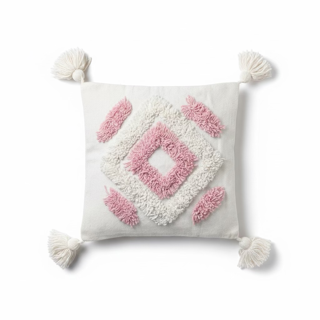 Housse coussin 50x50 cm boho-luxe féminin – coton et laine tissés main – rose poudré
