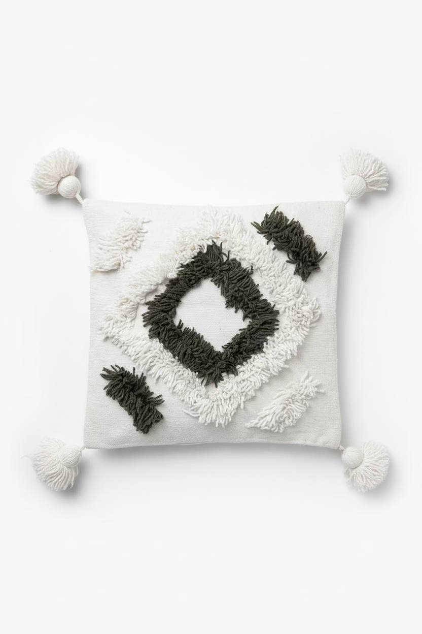 Housse coussin 50x50 cm boho minimaliste – coton tissé main – tons blanc cassé et kaki