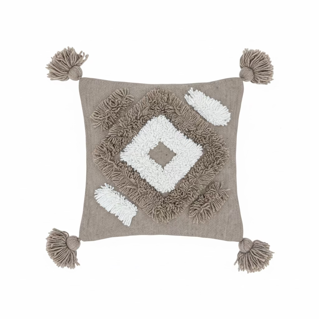Housse coussin 50x50 cm boho cocooning – coton tissé main – tons taupe et blanc