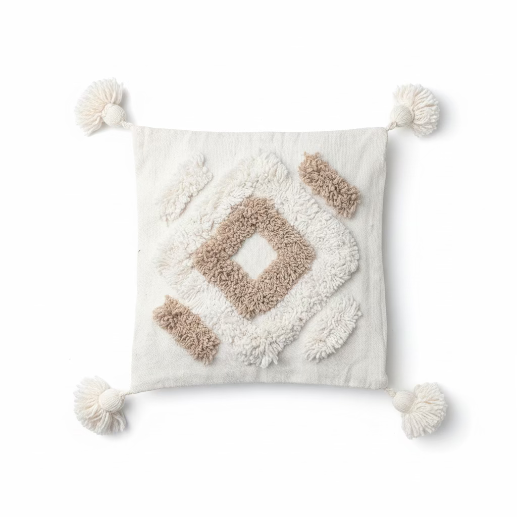 Housse coussin 50x50 cm boho minimaliste – coton tissé main – tons blanc et sable