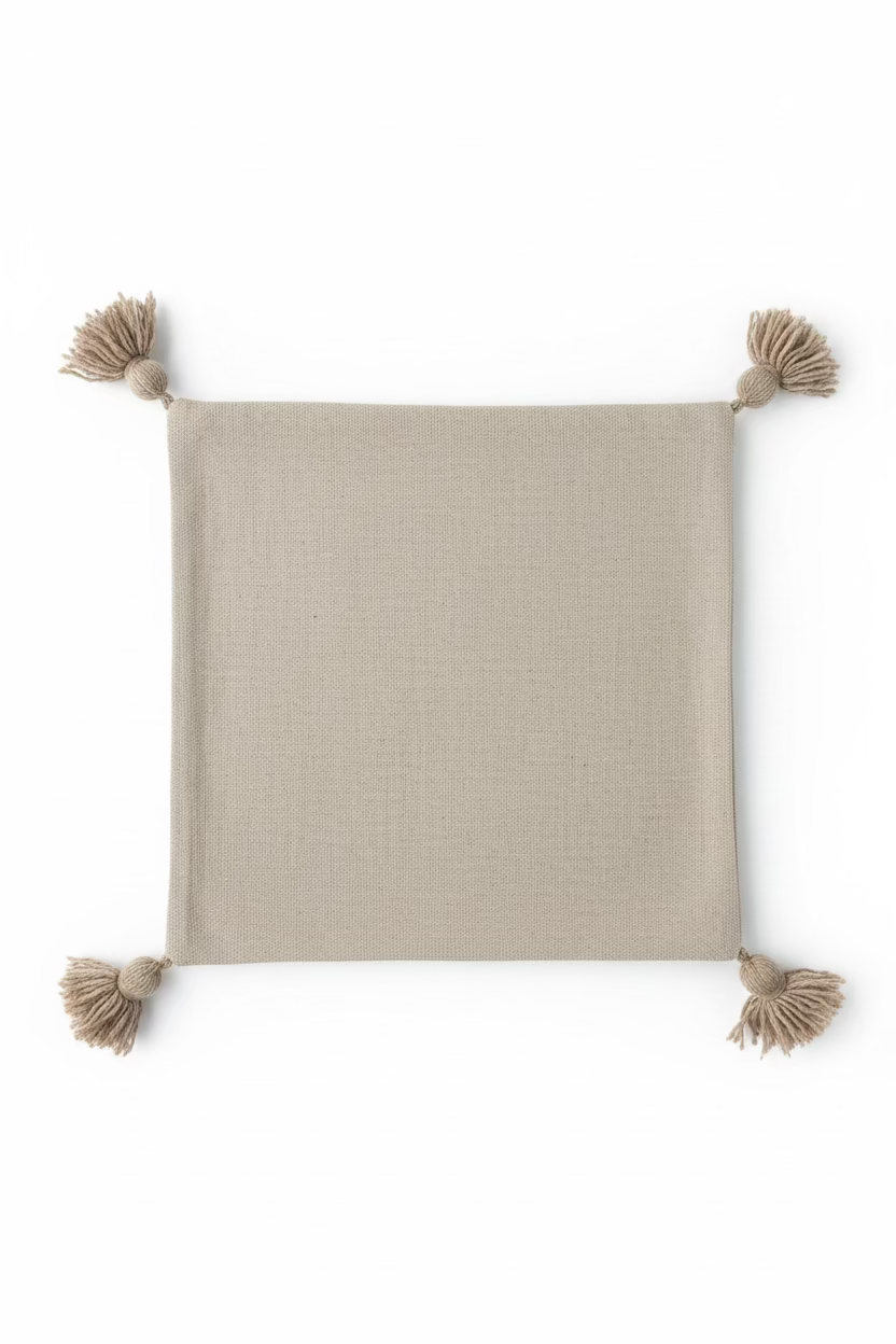 Détail texture punch needle housse de coussin berbère, boucles camel, sable et ivoire, pompon naturel visible en coin