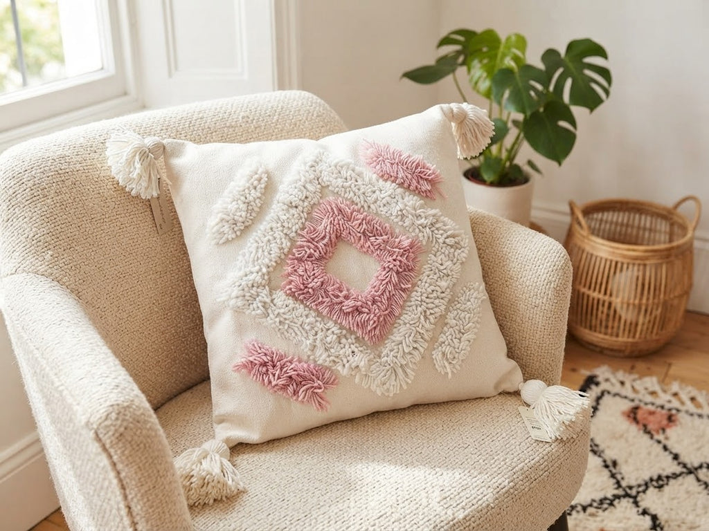 Vue de face housse coussin berbère géométrique – texture relief touftetée – tons rose et blanc