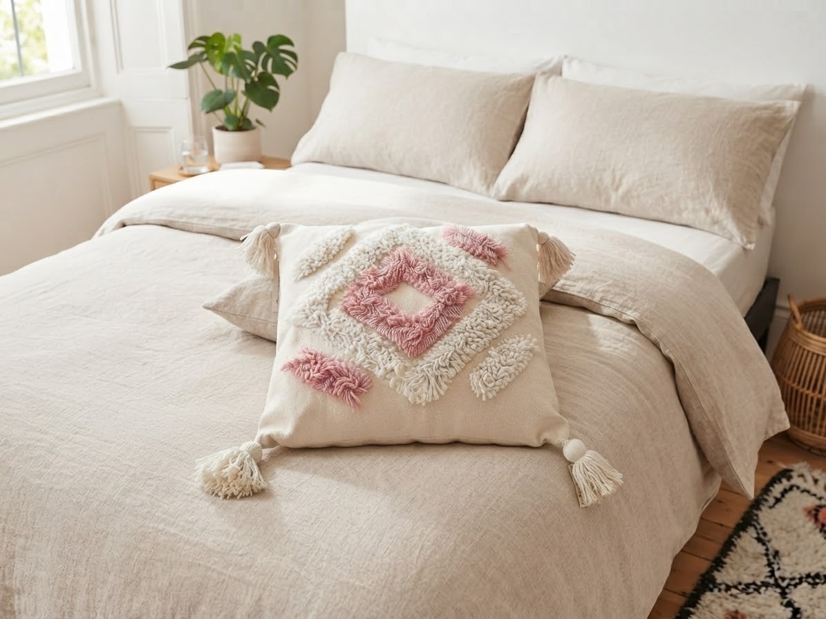 Détail touftetage rose poudré sur fond blanc cassé – housse coussin berbère – pompons crème