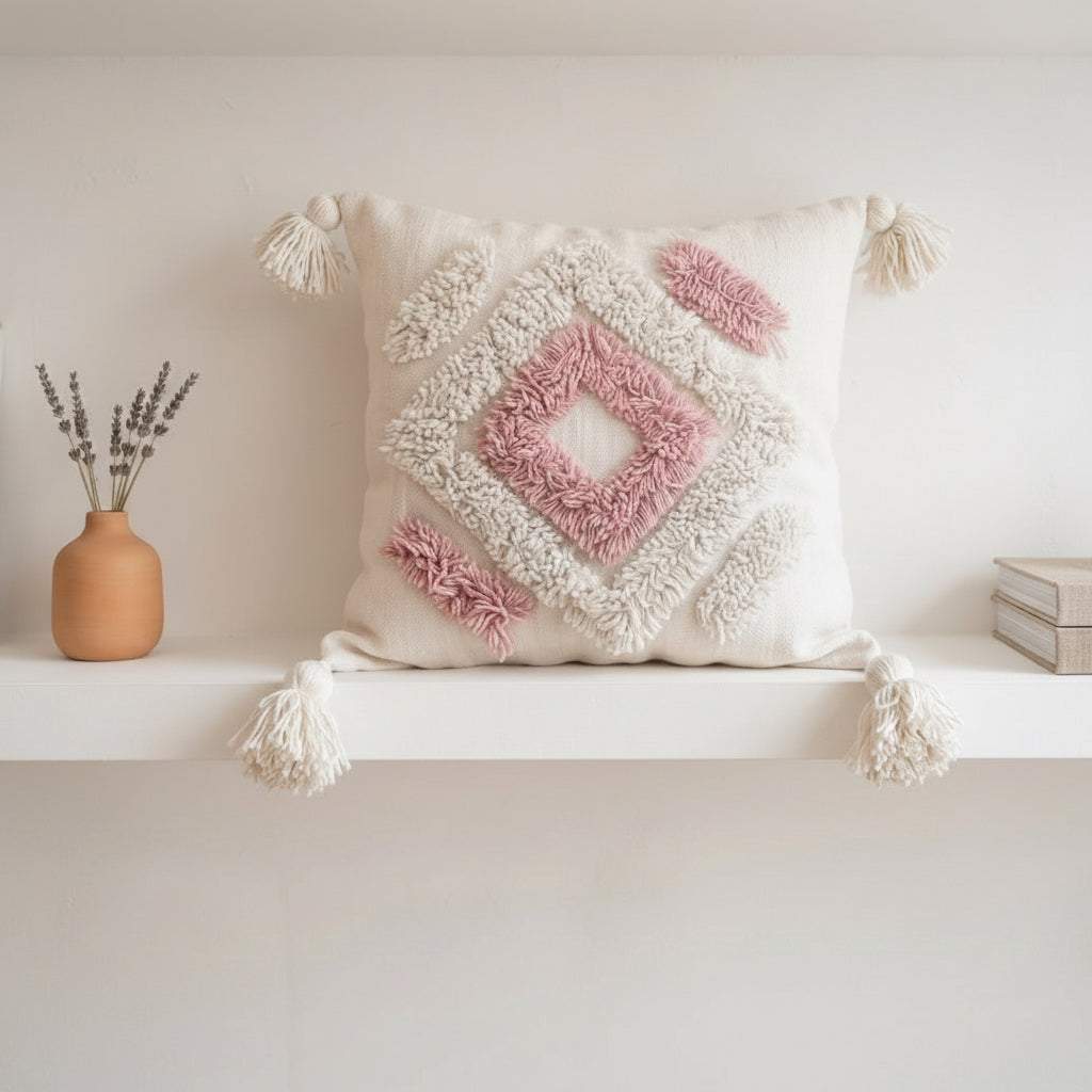 Housse de coussin berbère touftetée blanc cassé & rose poudré – motif losange géométrique – 50x50 cm