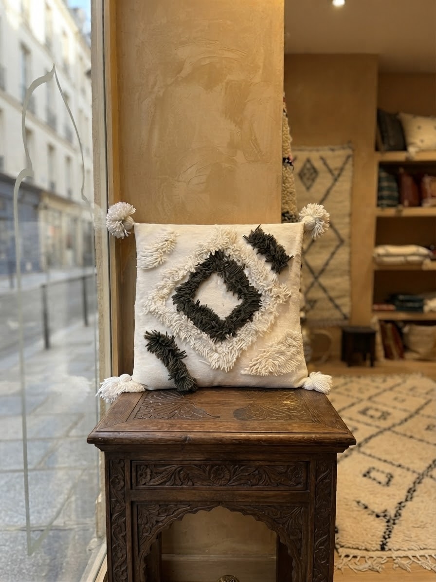Vue de face housse coussin berbère géométrique – texture relief touftetée – fond blanc cassé