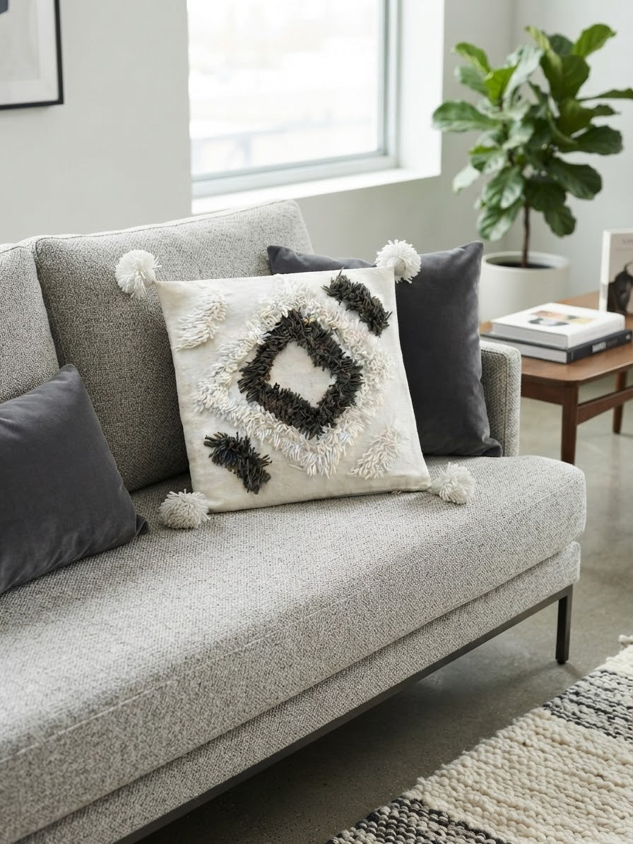 Housse de coussin berbère touftetée blanc cassé & kaki – motif losange géométrique – 50x50 cm