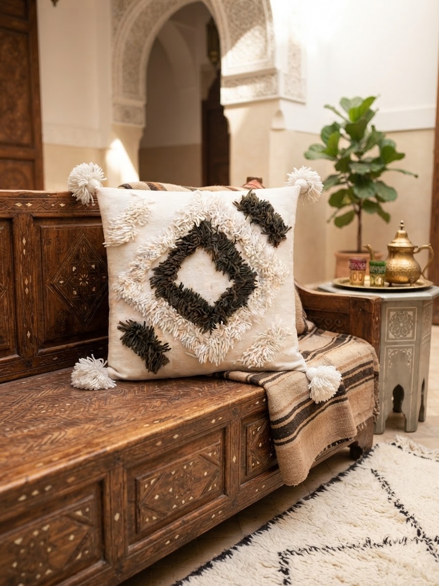 Détail touftetage bicolore blanc crème et kaki – housse coussin berbère – pompons blancs