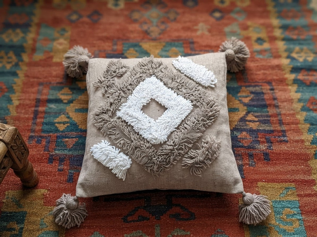Détail touftetage bicolore taupe et blanc – housse coussin berbère artisanale – pompons taupe