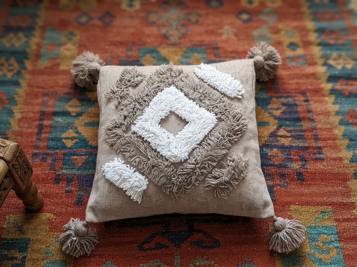 Détail touftetage bicolore taupe et blanc – housse coussin berbère artisanale – pompons taupe