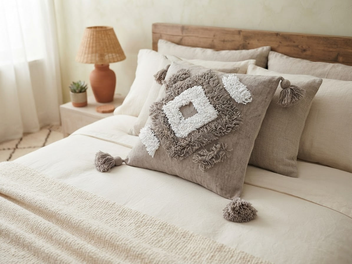 Vue de face housse coussin berbère géométrique – texture relief touftetée – fond taupe