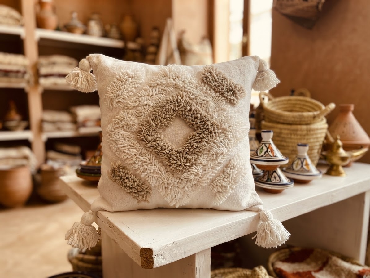 Housse de coussin berbère touftetée blanc naturel & sable – motif losange géométrique – 50x50 cm