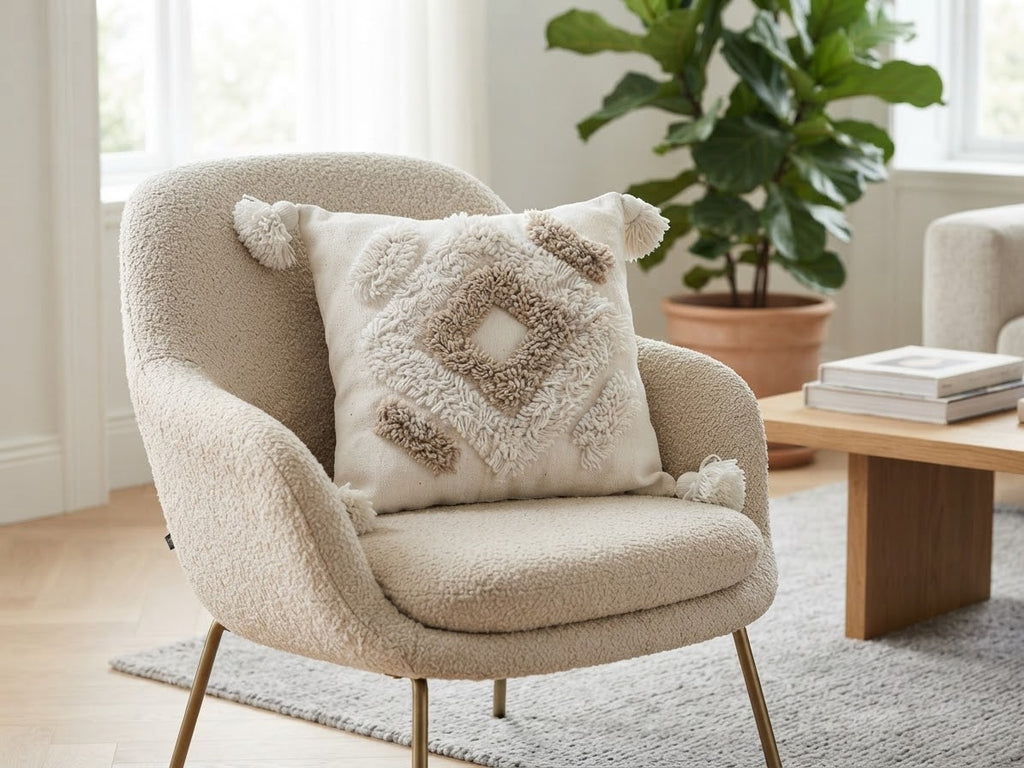 Détail touftetage bicolore blanc et sable – housse coussin berbère artisanale – pompons écru