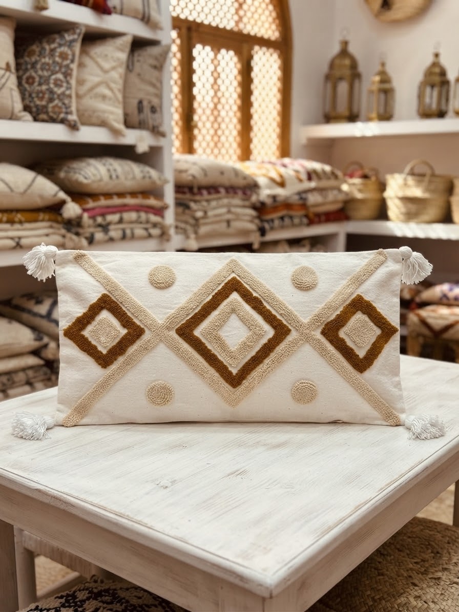 Détail motifs losanges concentriques en relief tufting caramel et sable – housse coussin artisanale