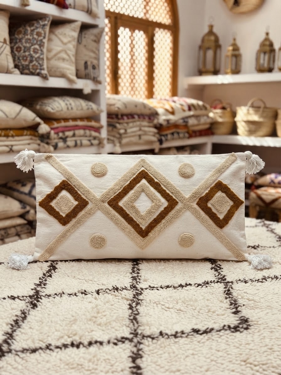 Housse de coussin tufting XXL blanc cassé – motifs géométriques caramel et pompons – 98x48 cm