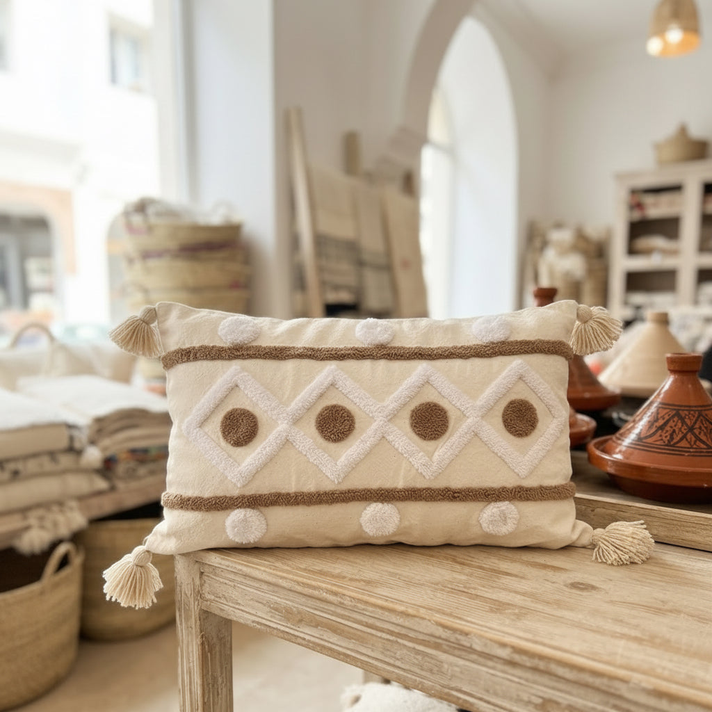 Coussin lombaire bohème écru à motifs losanges et pompons, broderie berbère caramel, fait main au Maroc – décoration boho chic
