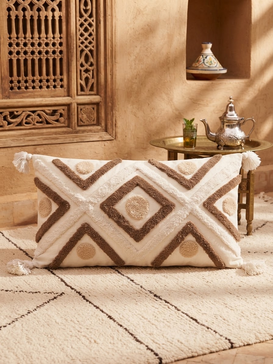 Housse posée à plat sur un tapis berbère blanc, avec une porte en bois sculpté et une table à thé marocaine en arrière-plan. Lumière dorée, mise en scène très éditoriale.