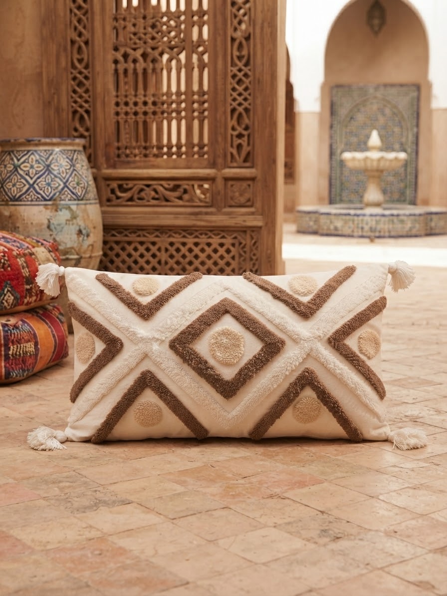 "Housse de coussin XL berbère blanche et camel avec pompons posée sur le sol d'un riad marocain, moucharabieh sculpté et fontaine en arrière-plan"