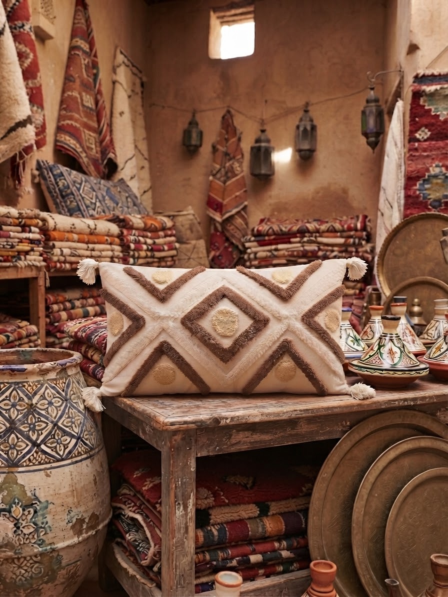  Housse posée sur un banc en bois dans une boutique marocaine traditionnelle, entourée de tapis empilés, lanternes et poteries. Ambiance souk authentique.