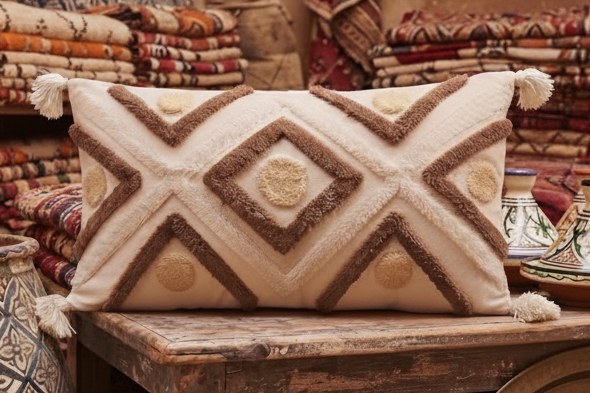 Housse posée sur un banc en bois dans une boutique marocaine, pompons bien visibles aux 4 coins, tapis colorés en arrière-plan. Même scène que l'image 1 mais angle différent.