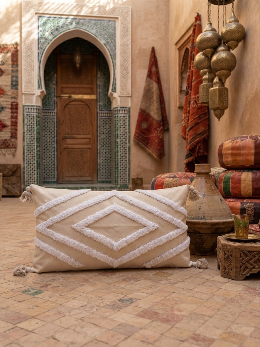 Coussin lombaire artisanal beige sable à losanges tufted blanc et pompons aux coins, ambiance riad marocain authentique