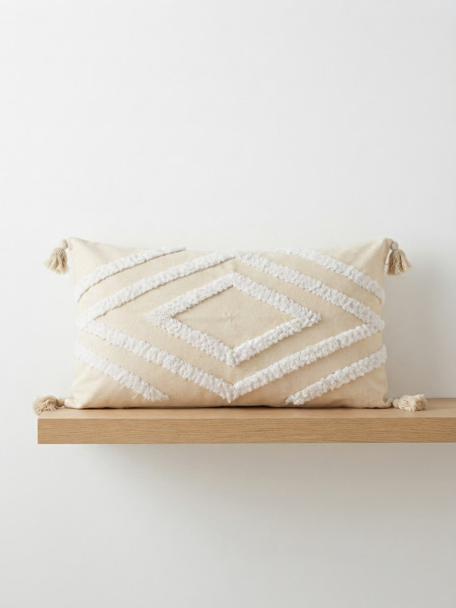 Housse de coussin rectangulaire 98x50 cm en coton beige sable, broderie losanges tufted blanc, pompons boho, artisanat marocain
