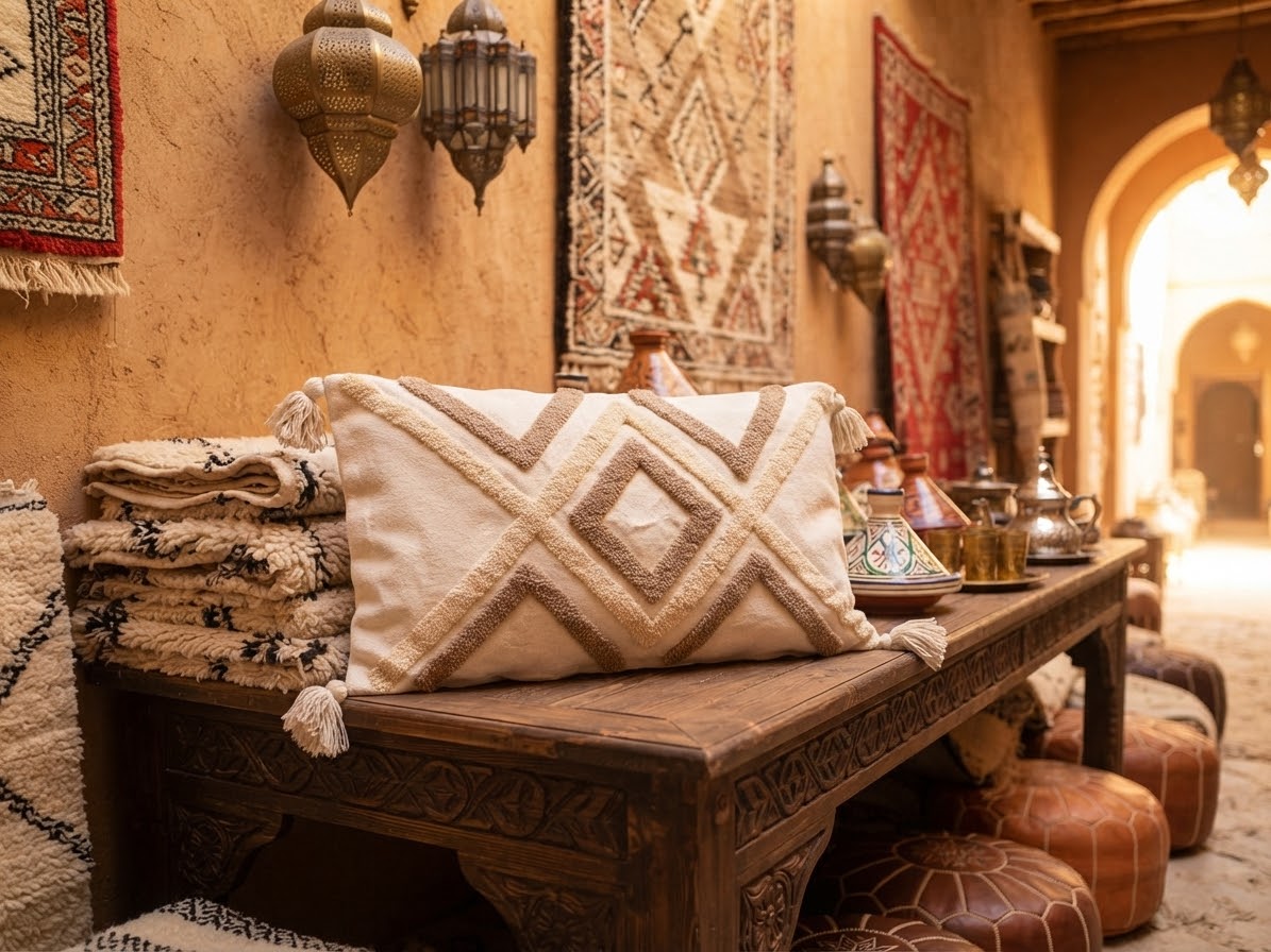  Boutique marocaine, table basse sculptée
"Housse de coussin XL berbère blanc écru et sable touffetée posée sur une table basse sculptée dans une boutique marocaine, entourée de tapis berbères et lanternes en laiton"