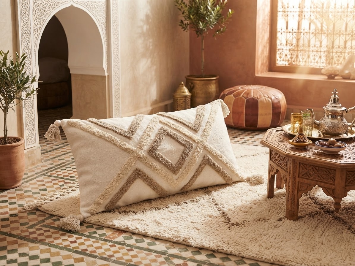 "Housse de coussin XL berbère blanc écru et sable posée sur un tapis moelleux dans un riad marocain ensoleillé, avec pouf en cuir et table à thé en arrière-plan"