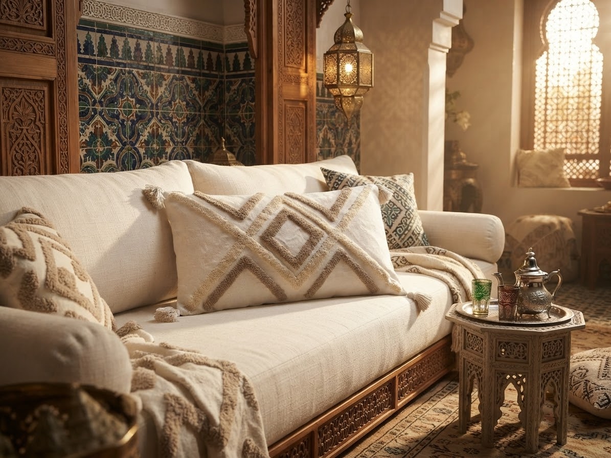 "Housse de coussin berbère XL blanc écru et sable avec pompons posée sur un canapé blanc dans un salon marocain luxe, zellige et bois sculpté en décor"