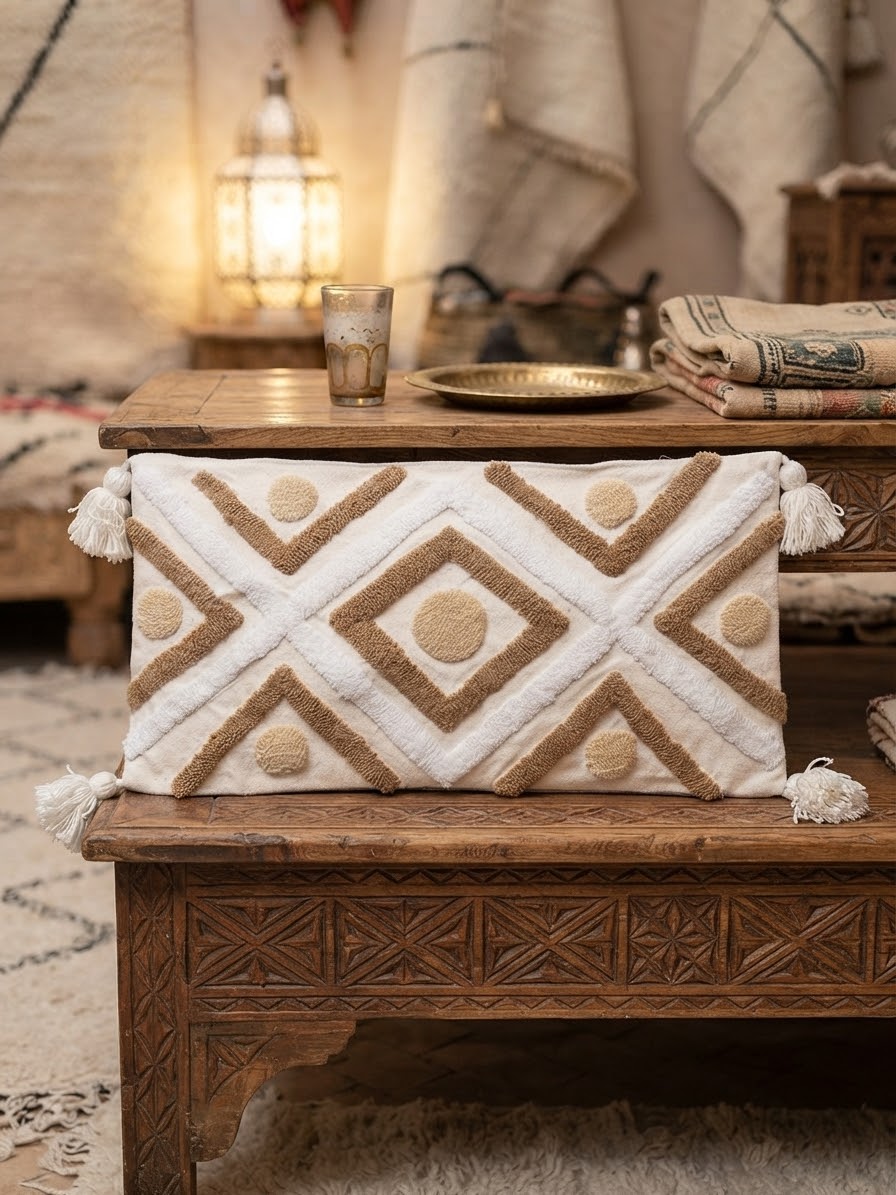 Housse posée sur une table basse en bois sculpté dans un salon marocain chaleureux, avec lanterne allumée, plateau en laiton et verre à thé en arrière-plan. Très belle ambiance cosy orientale.
