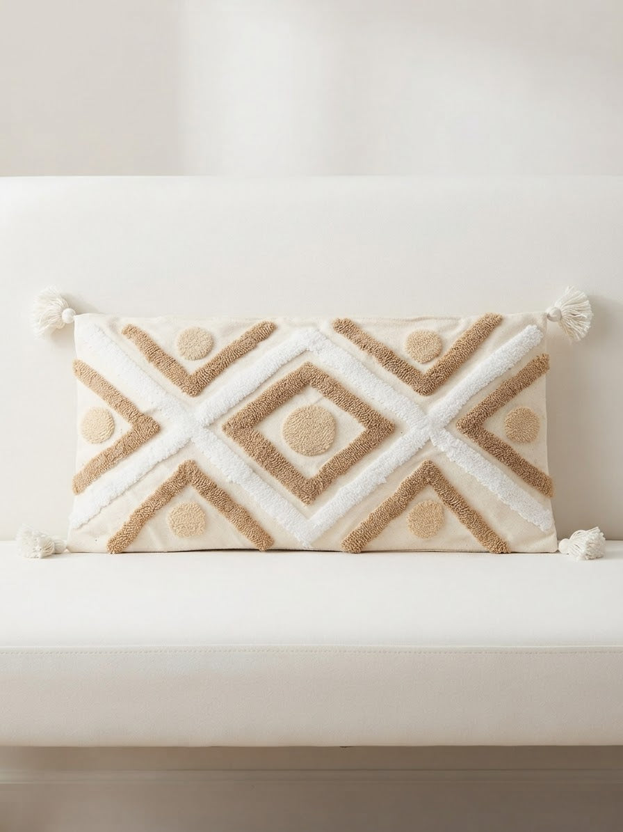  Housse posée sur un canapé / banquette blanc minimaliste, fond épuré. Mise en scène lifestyle moderne qui met en valeur la couleur blanc cassé et camel.