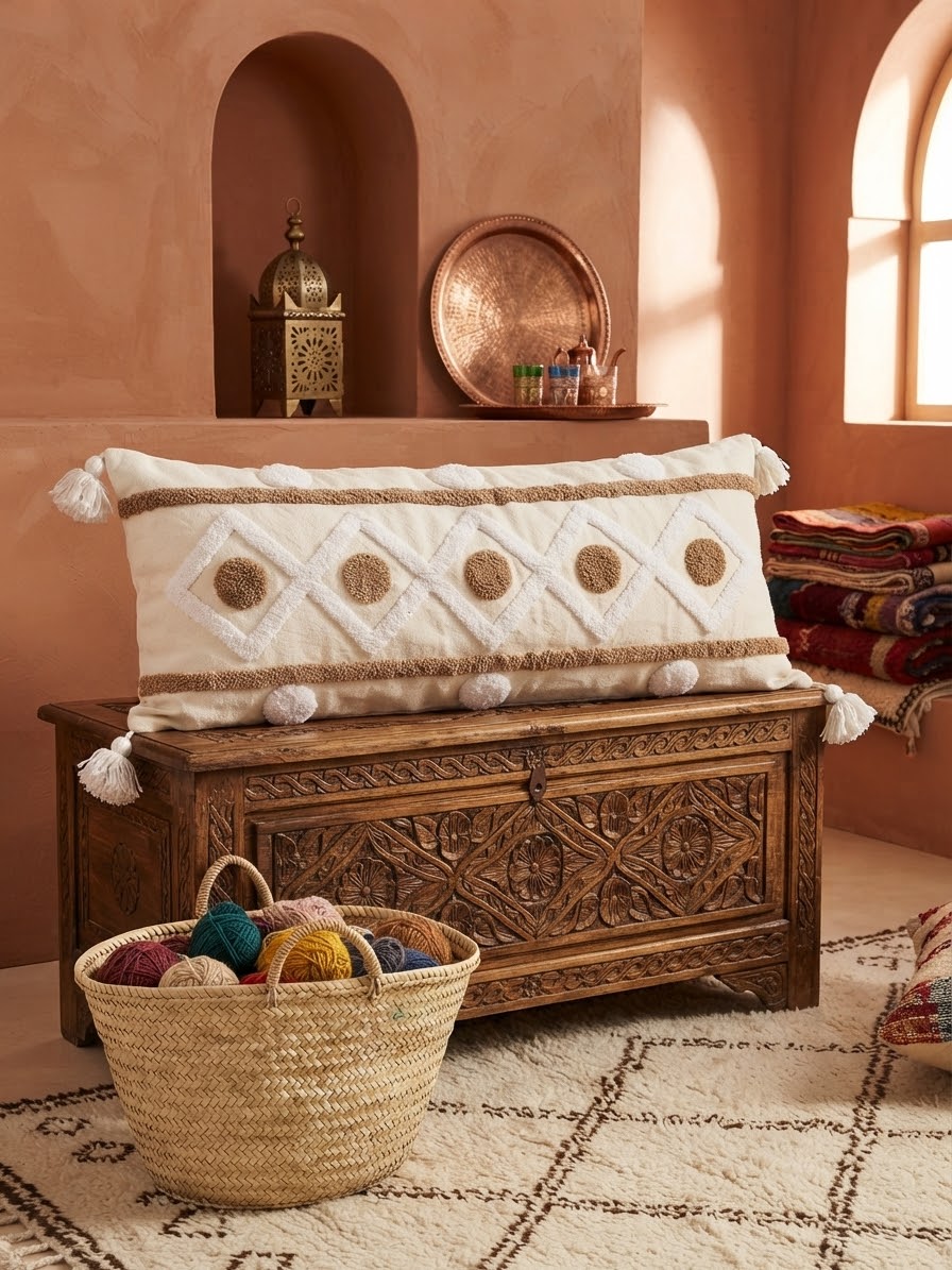 Housse de coussin XL berbère losanges et médaillons, pompons ivoire, posée sur coffre en bois sculpté dans un salon marocain terracotta