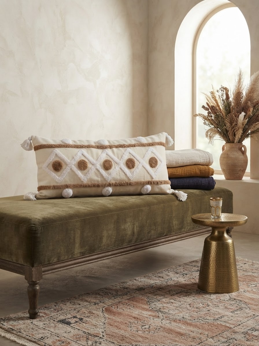 Housse de coussin XL berbère 98x48 cm sur banquette en velours kaki, intérieur wabi-sabi avec vase herbes de pampa et table laito