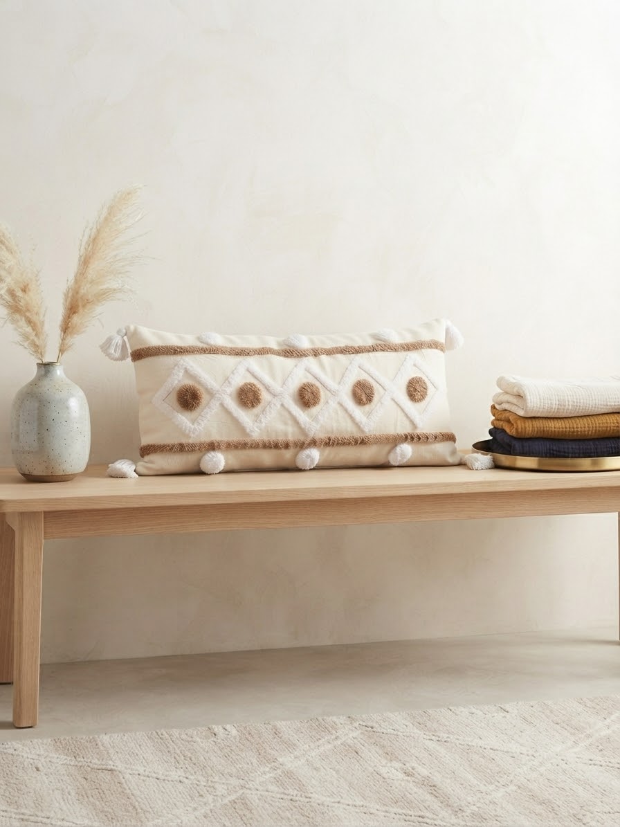 Housse de coussin XL berbère 98x48 cm, motif losanges et médaillons camel sur fond ivoire, pompons blancs, posée sur coffre sculpté dans un riad marocain
