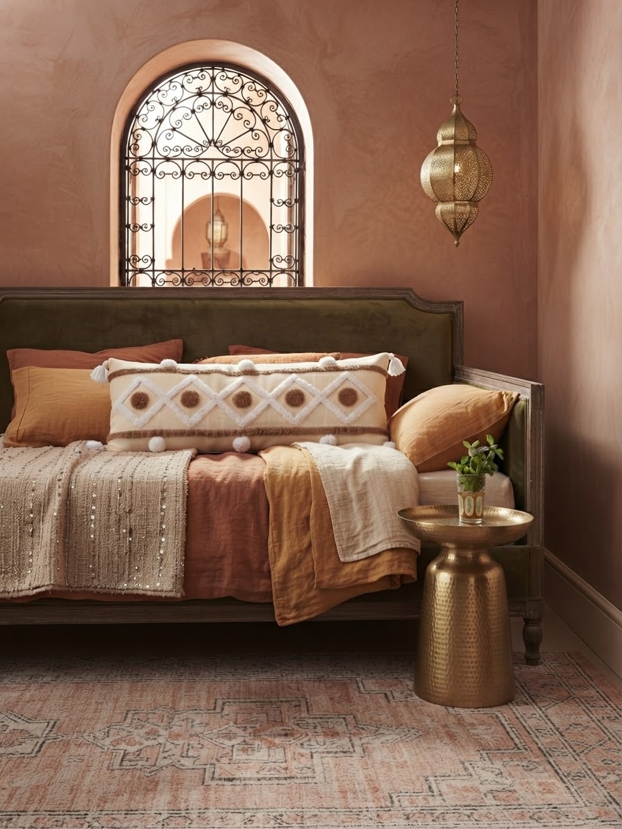  Housse de coussin XL berbère ivoire et camel sur lit style marocain, décor chambre boho-luxe avec lanterne laiton et arc en fer forgé