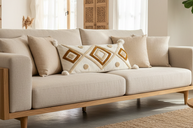 Housse de coussin XL berbère 98x48 cm sur canapé beige – losanges brodés dorés décor boho
