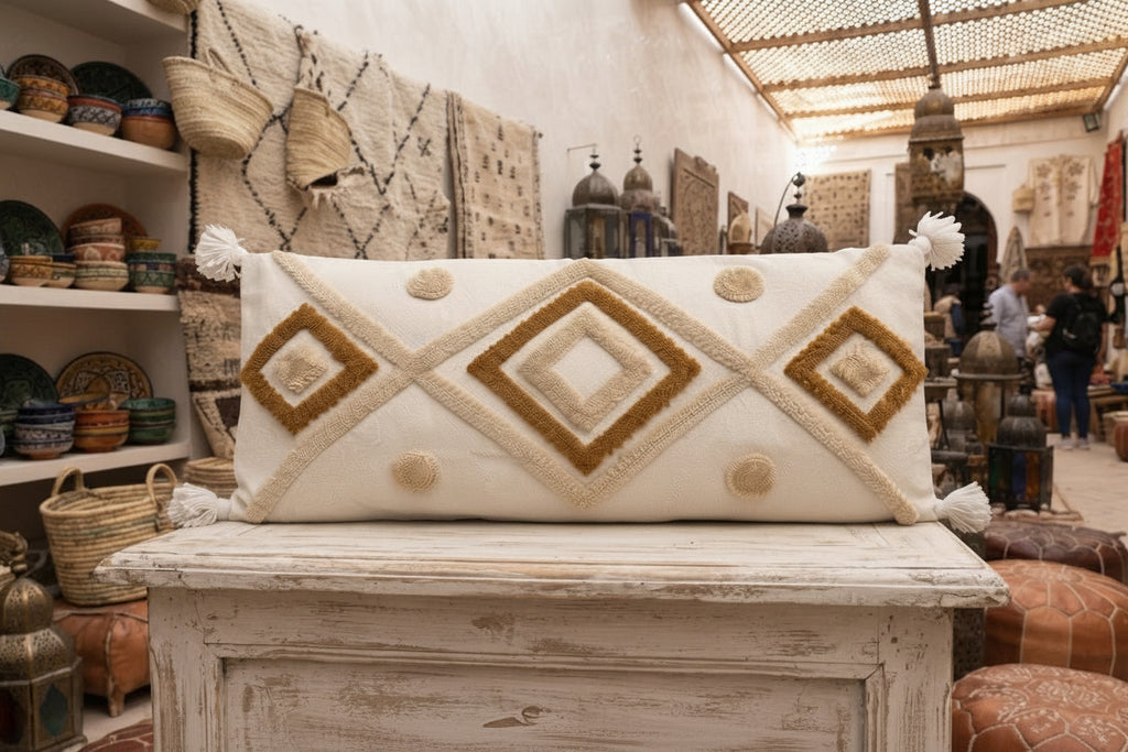 Housse coussin XL lombaire blanche broderies losanges caramel en boutique médina Maroc – pompons